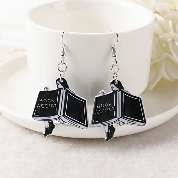 Acrylic Earrings,"Book Addict" Engraved Magic Book Design Vintage Style Dangle - Picture 1 of 5